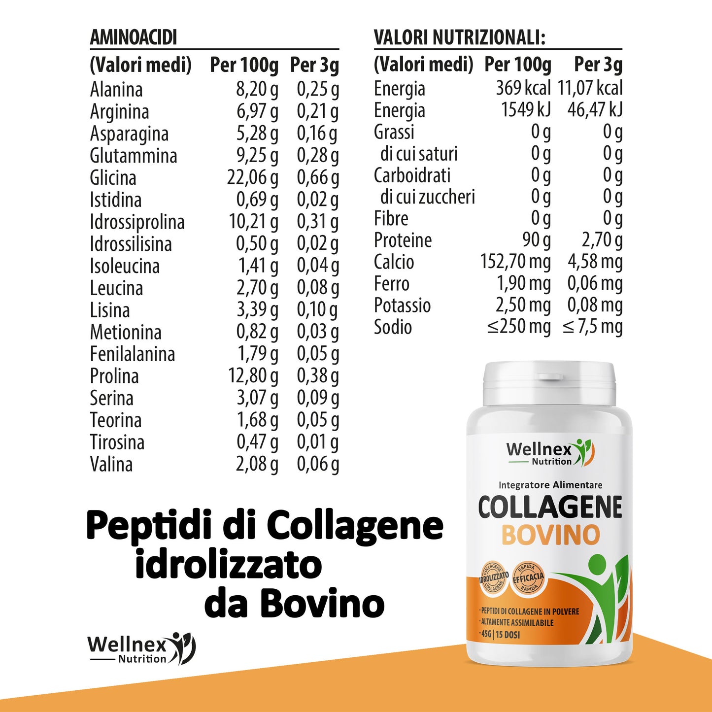 Collagene Bovino Puro - 45g Peptidi di Collagene da Bovino