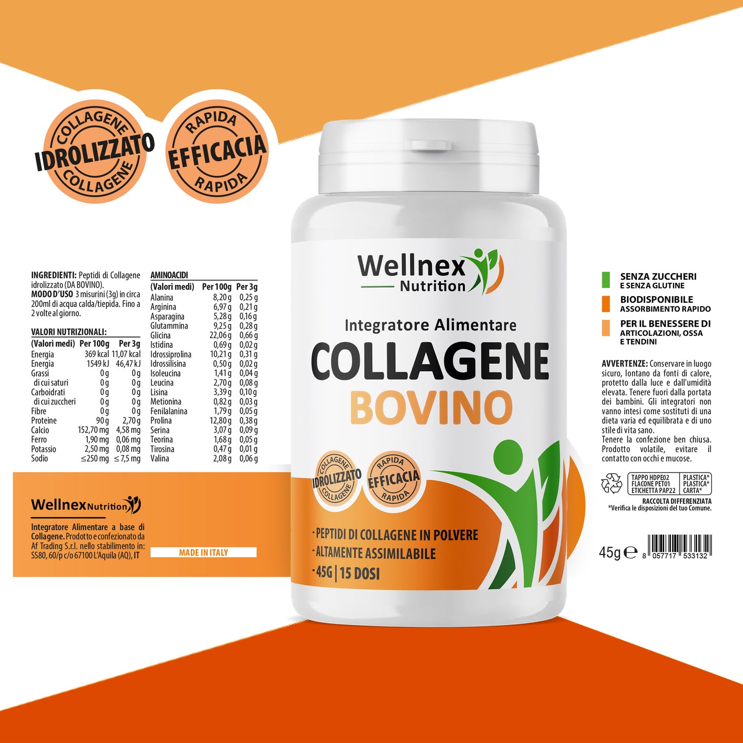 Collagene Bovino Puro - 45g Peptidi di Collagene da Bovino