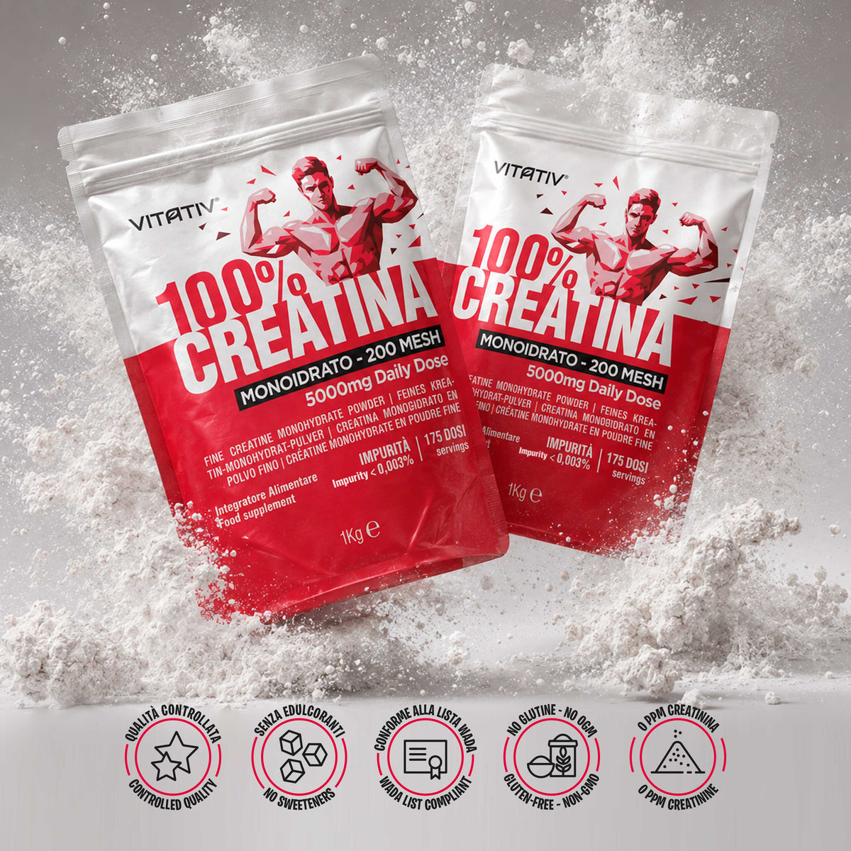 Creatina Monoidrato Micronizzata 200 Mesh in Polvere Pura, 1 kg