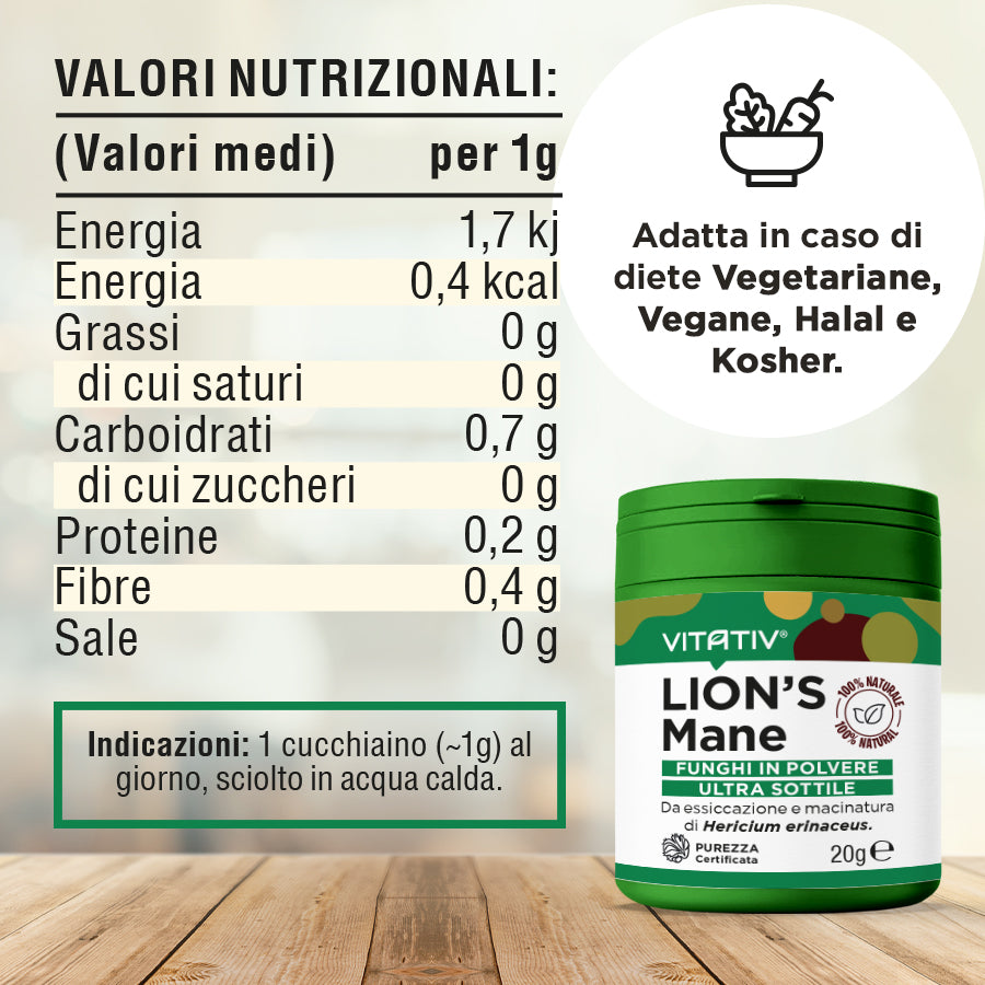 Funghi Lion's Mane | Polvere 20g | Purezza 100%