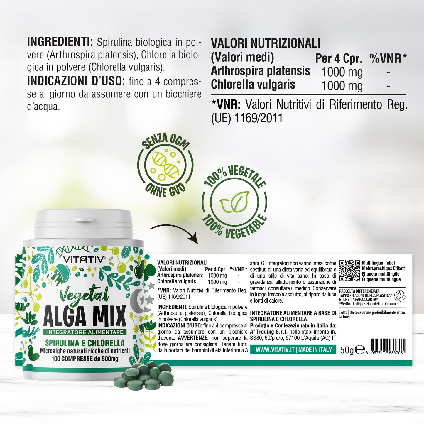 Alga Mix Spirulina e Chlorella 100 Compresse