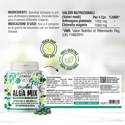Alga Mix Spirulina e Chlorella 100 Compresse