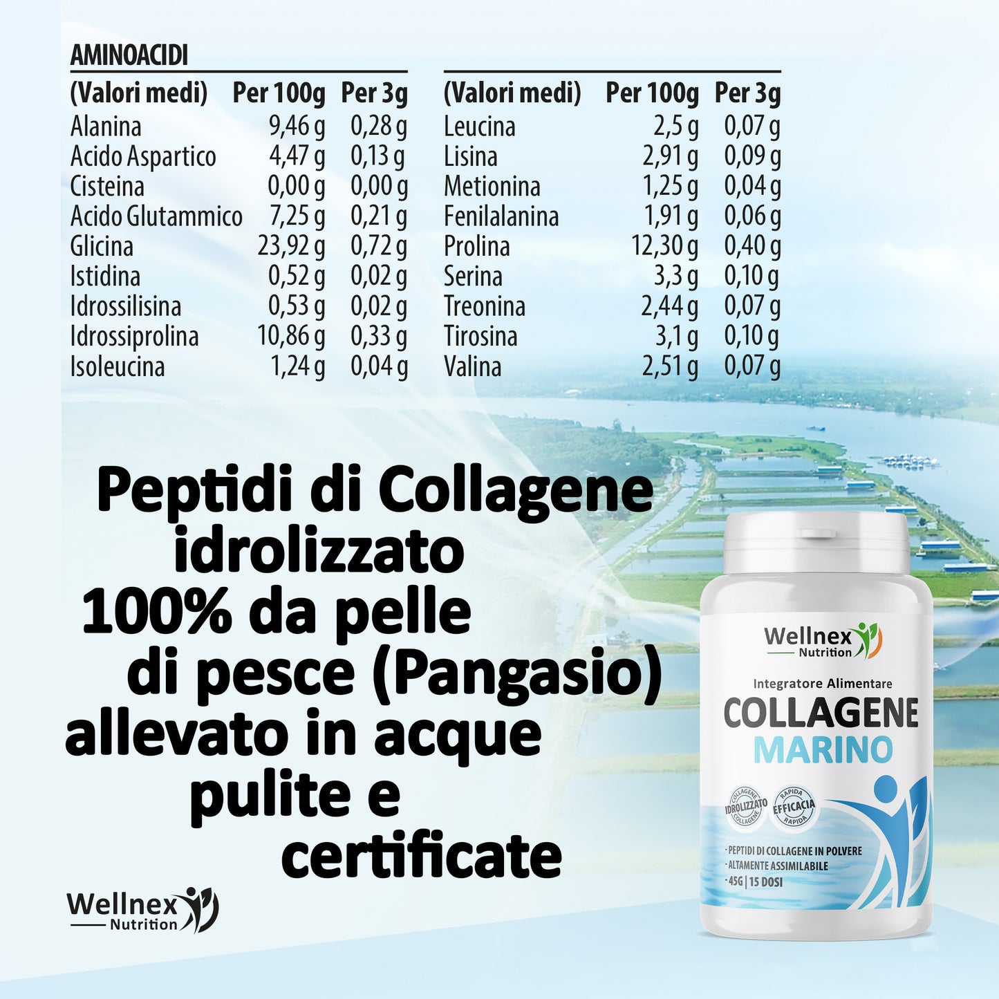Collagene Marino Puro - 45g Peptidi di Collagene da pelle di Pangasio