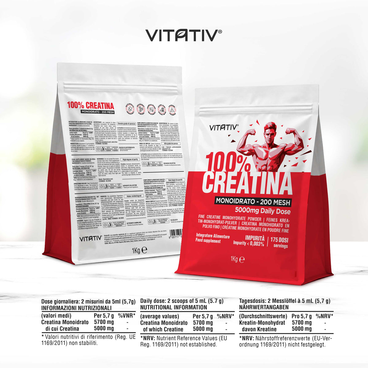 Creatina Monoidrato Micronizzata 200 Mesh in Polvere Pura, 1 kg