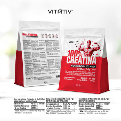 Creatina Monoidrato Micronizzata 200 Mesh in Polvere Pura, 1 kg