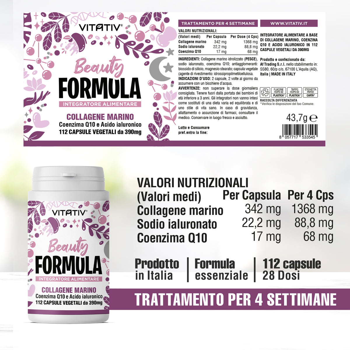 Beauty Formula 4 Settimane - Collagene marino, Coenzina Q10 e Acido Ialuronico