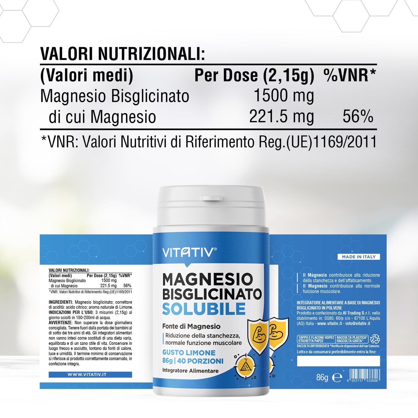 Magnesio Bisglicinato Solubile 86g, 40 porzioni