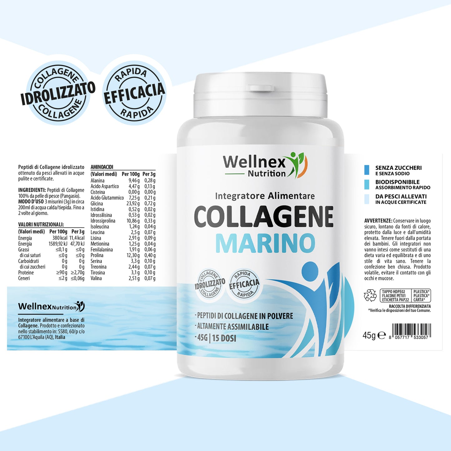 Collagene Marino Puro - 45g Peptidi di Collagene da pelle di Pangasio