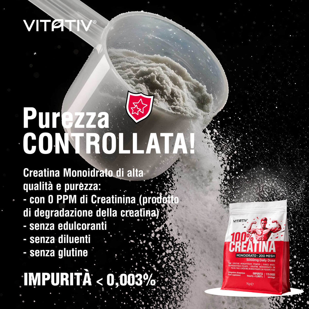 Creatina Monoidrato Micronizzata 200 Mesh in Polvere Pura, 1 kg