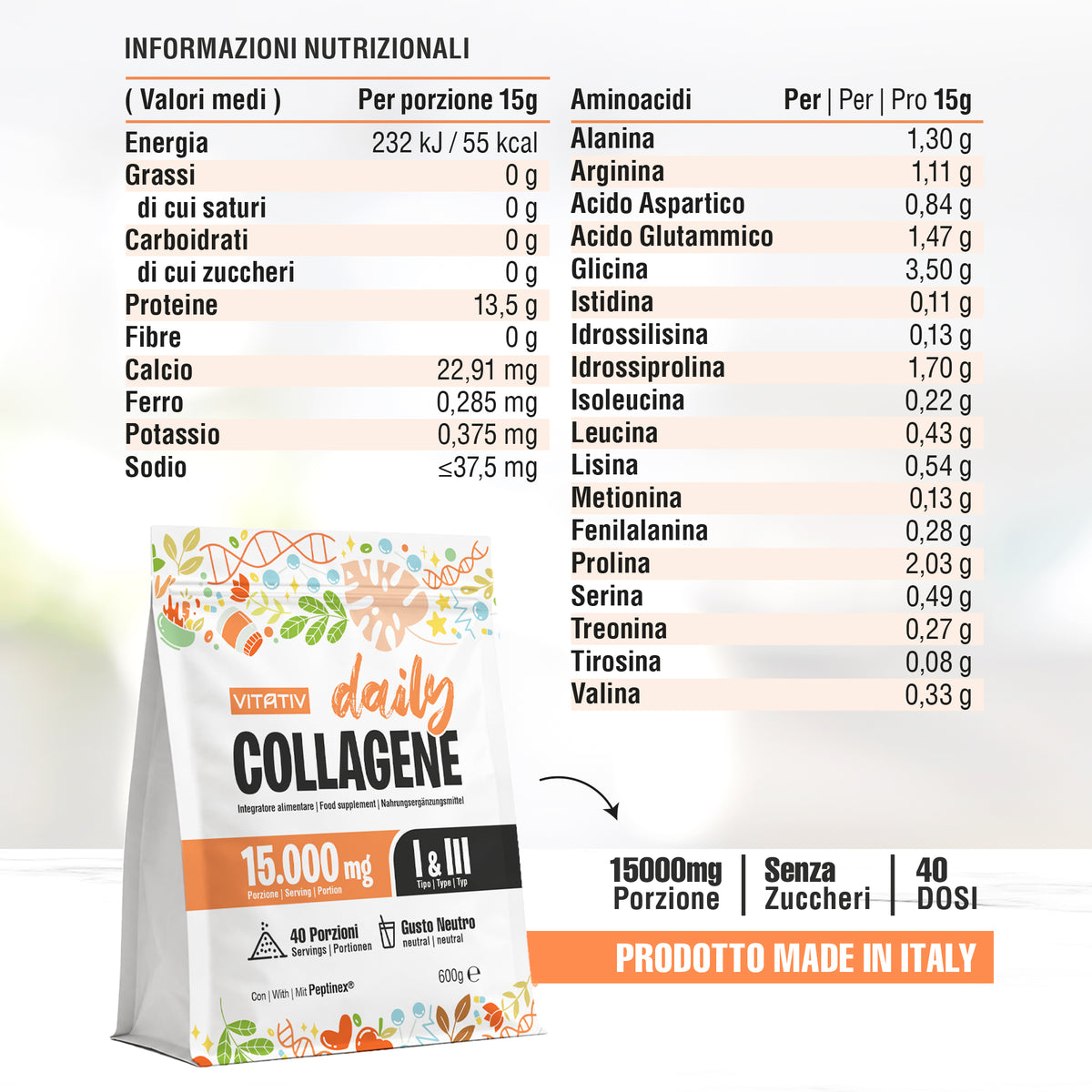 Collagene Bovino Idrolizzato in Polvere 600 g, Peptidi Tipo I e III