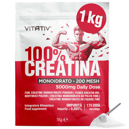 Creatina Monoidrato Micronizzata 200 Mesh in Polvere Pura, 1 kg