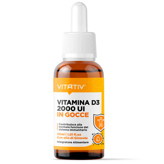 Vitamina D3 2000 UI 50mcg, 30ml - Gocce con Olio di Girasole