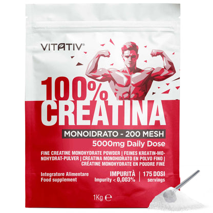 Creatina Monoidrato Micronizzata 200 Mesh in Polvere Pura, 1 kg